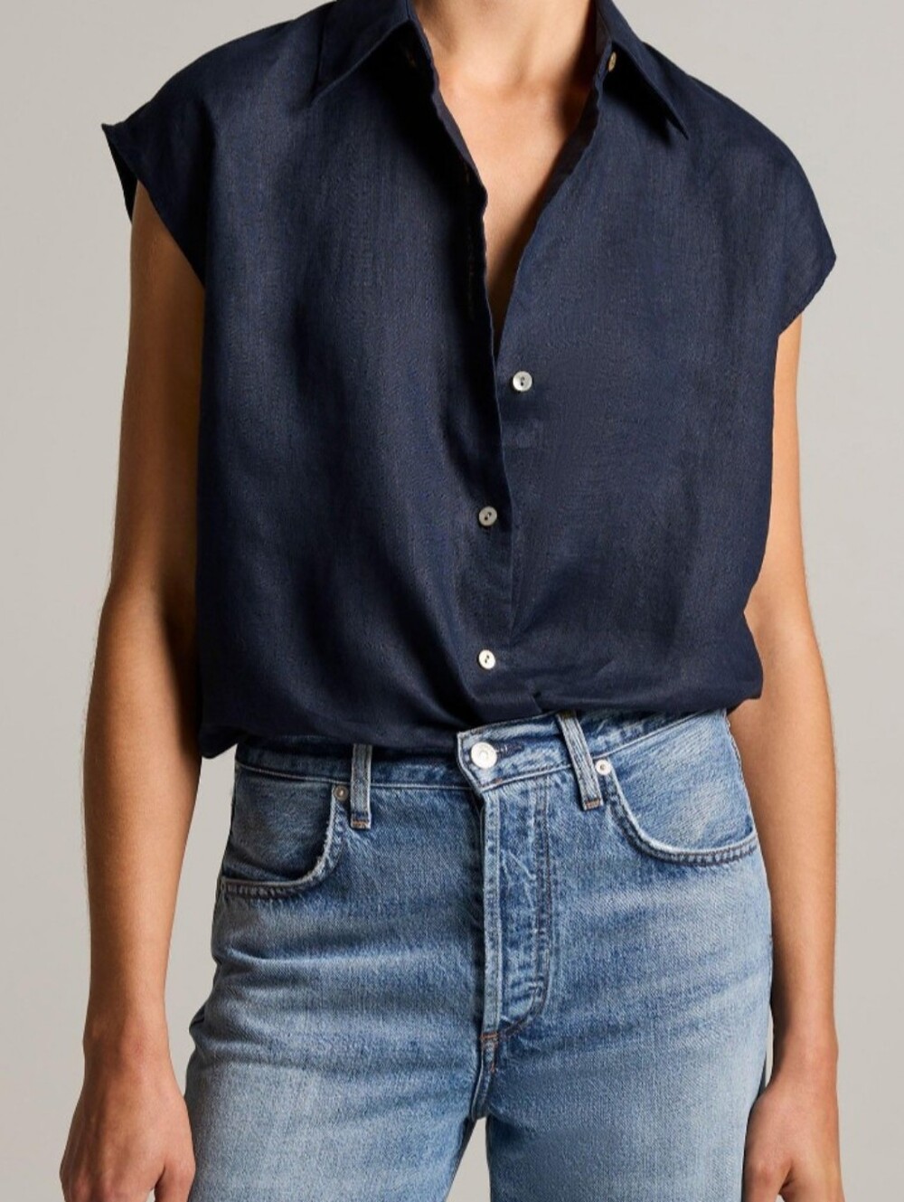 United Colors Of Benetton Navy Cap Sleeve Linen  Button Down